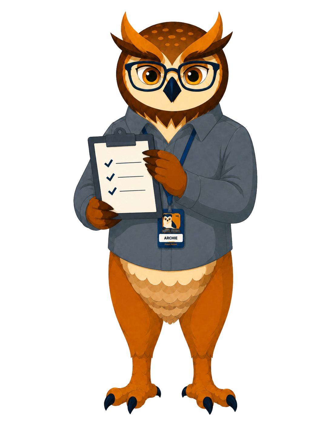 Archie, the RookBase owl guide, holding a clipboard