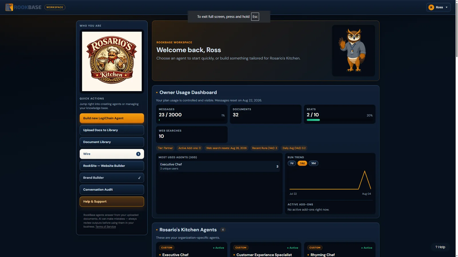 RookBase dashboard for the Rosario’s Kitchen demo business